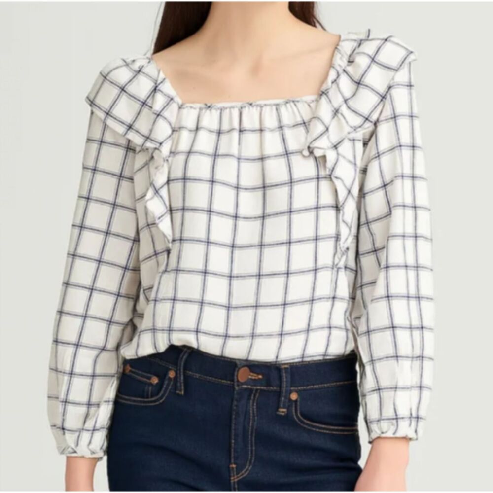 J. Crew Plaid Ruffle Off-Shoulder Blouse Medium